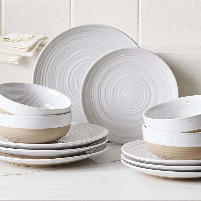 12 Piece Stoneware Dinnerware Set with Plates and Bowls Service for 4 Microwave Safe Dishwasher Safe Round Dishes Modern Classic Kitchen Tableware Stackable Design