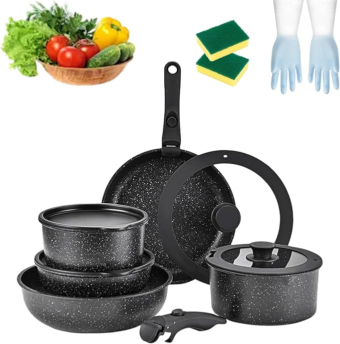 Pots and Pans Sets Non Stick 5/11PCS Ceramic Cookware Sets with Detachable Handle Space-Efficient Dishwasher Nonstick Cooking Set for Kitchen with All Stovetops (Black-11PCS)