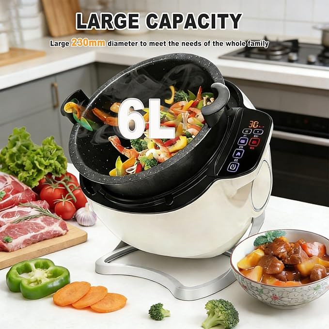Automatic Cooking Machine 6l Auto Cooking Wok Fried Rice MachineOne-Click Smart Start Three Speed Adjustable360 ° Automatic Rotation For Stir Frying Stewing Cooking Soup Making 110V