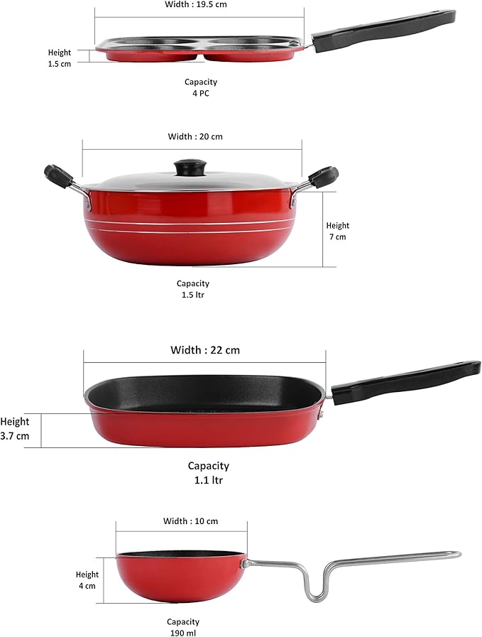 Sumeet Ruz 2.6 mm Thick Non-Stick Cookware Set (Mini Multi Snack Maker 19.5 cm Dia Kadhai with Lid 1.5 Ltr Capacity and 20 cm Dia Grill Pan 1.1 Ltr Capacity and 22 cm Dia Grill Pan 1.1 Ltr)