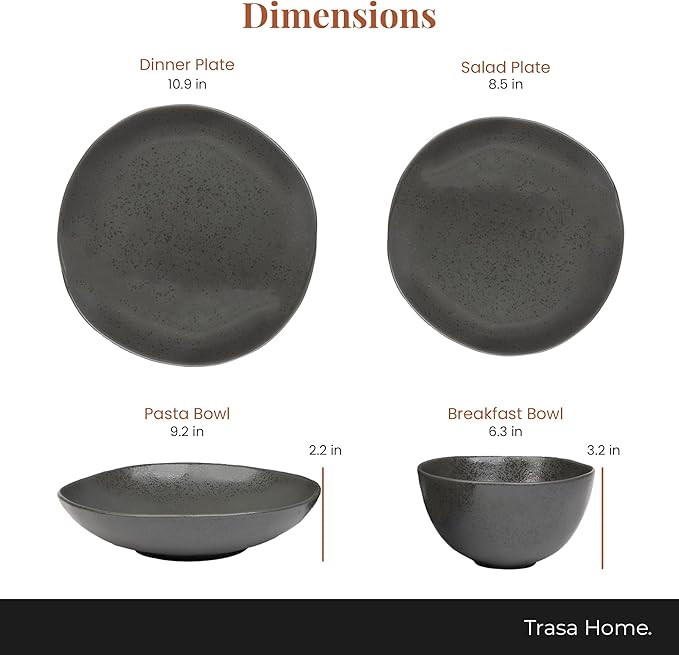 Trasa Home by Larder &amp Vine Eco-Friendly High Fired Artisan Stoneware Organic &amp Modern Dinnerware 16 piece set 4 place settings (Charcoal)