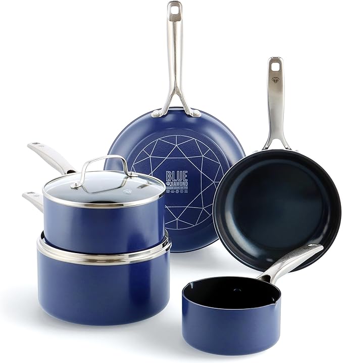 Blue Diamond Cookware Diamond Infused Ceramic Nonstick 7 Piece Cookware Pots and Pans Set PFAS-Free Dishwasher Safe Oven Safe