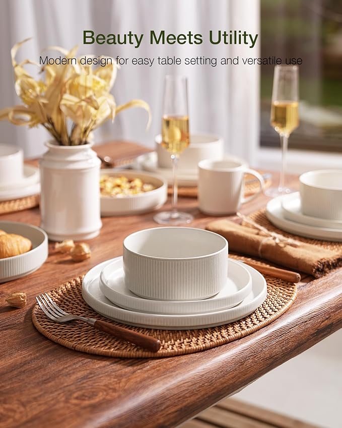 Famiware Star Dinnerware Set with Pasta Bowls Service for 4 (16pcs) Ribbed Stoneware Plates and Double Bowls Dishes Sets - Chip &amp Scratch Resistant Microwave &amp Dishwasher Safe Matte White