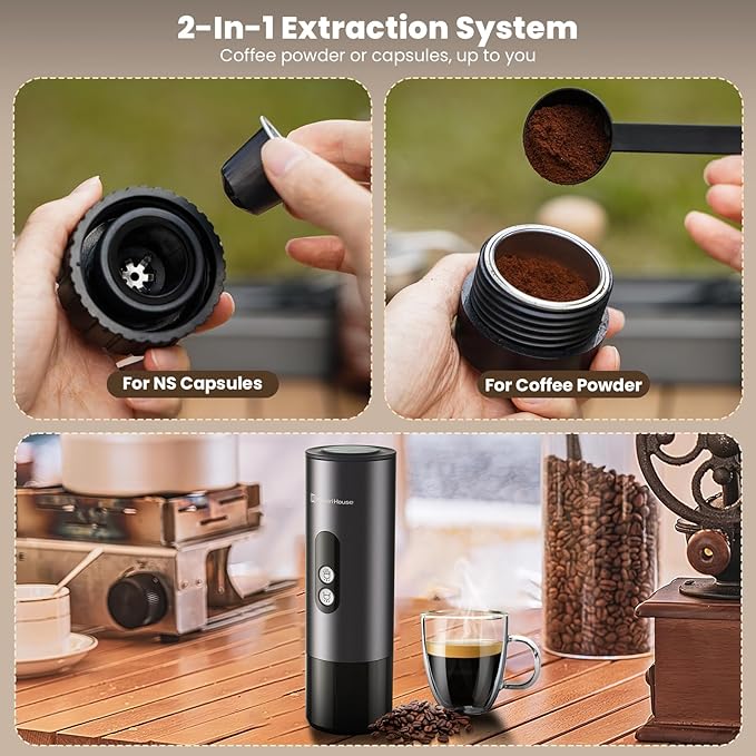 Maestri House 150W Espresso Maker with 2-3 Min Fast Self-Heating Portable Travel Espresso Coffee Machine with Small Tea Cup Also Holder for NS Capsule &amp Ground Coffee for Car Camping RV Hiking