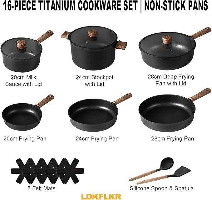 Non-Stick Titanium Cookware Set Multi-Functional Frying Pans Sauce Pans with Lids Cooking Pot Sets Pots and Pans Set with All Stovetops for Boiling/Stir-Frying/Stewing16Piece
