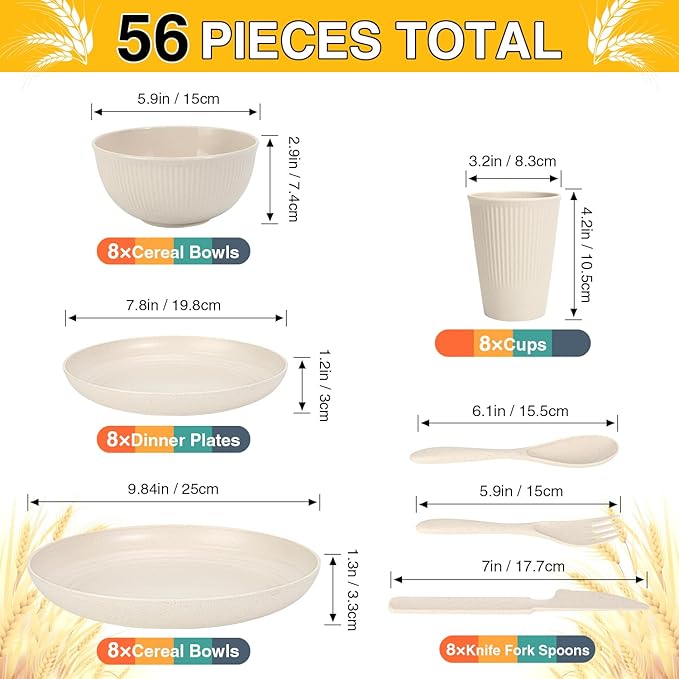 LAERJIN 56 Piece Wheat Straw Dinnerware SetsUnbreakable Reusable Dinnerware SetDishwasher &amp Microwave Safe Plates and Bowls Sets for Apartment Essentials Outdoor Camping Beige White