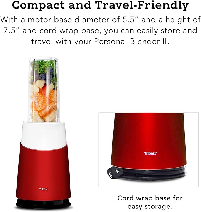Tribest Personal Blender II Small Portable Blender for Shakes and Smoothies with BPA-Free Cups Red