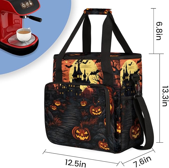 Gothic Castle Halloween Pumpkin Coffee Maker Carrying Bag Travel Storage Bag Compatible with K-Mini or K-Mini Plus Single Serve Coffee Brewer Carrying Case with Multiple Pockets &amp Shoulder Strap