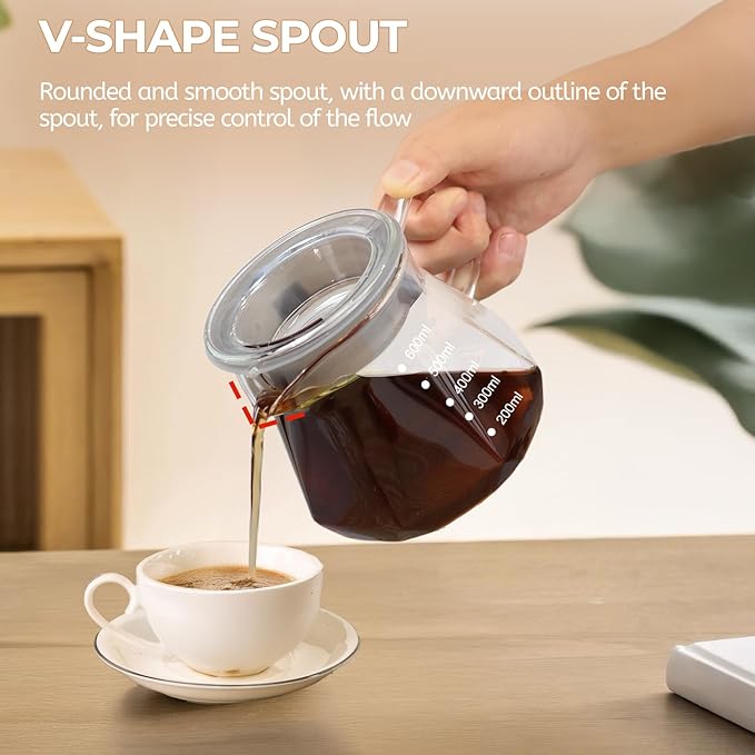 Pour Over Coffee Maker 600ml Borosilicate Glass Drip Coffeemaker Server Set with 100pcs V60 Cone Paper Filters Walnut Collar Glass Lid Clear Hand Brew Dripper Carafe for Home Camping Travel 20.3oz