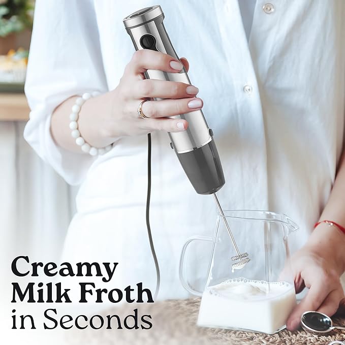 Zulay 4-in-1 Immersion Stick Mixer Hand Blender - 800 Watts 12 Speeds 5-ft Power Electric Cord Handheld Portable Stainless Steel Blades - With Whisk Frother &amp Stick Blender Attachments - Gray