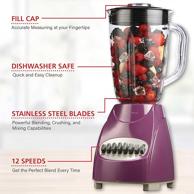 12-Speed Countertop Blender with Pulse Function – 50oz BPA-Free Jar Stainless Steel Blades Ice Crusher &amp Smoothie Maker 350W Kitchen Blender (Purple)