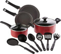 BELLA Cookware Set 12 Piece Pots and Pans with Utensils Nonstick PFOA Free Scratch Resistant Cooking Surface Compatible with All Stoves Nylon and Aluminum Red