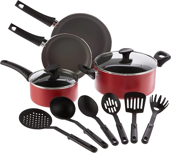 BELLA Cookware Set 12 Piece Pots and Pans with Utensils Nonstick PFOA Free Scratch Resistant Cooking Surface Compatible with All Stoves Nylon and Aluminum Red