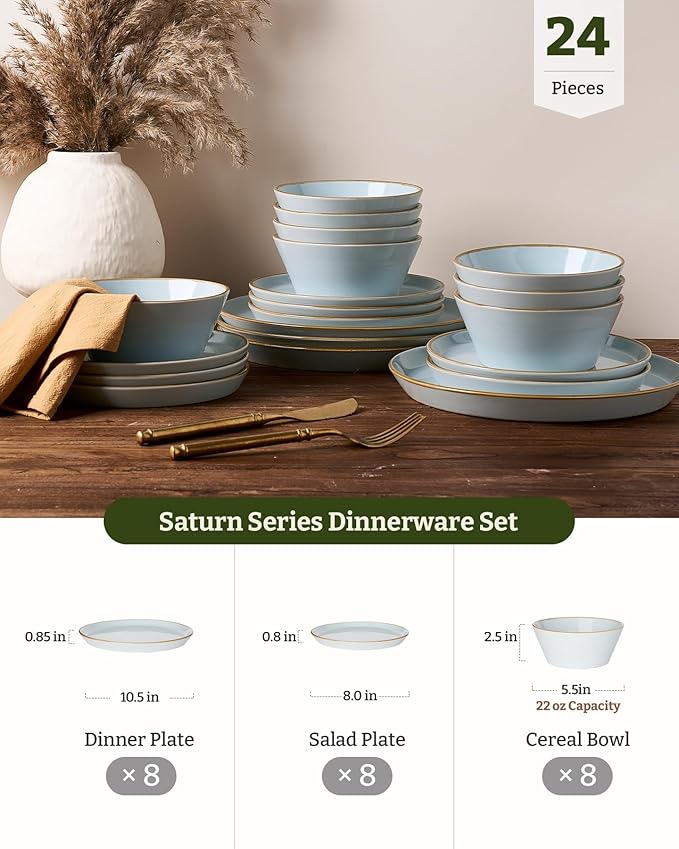 Famiware Saturn Stoneware Dinnerware Sets for 8 (24 Pieces) Ceramic Plates and Bowls Dish Sets with Hand-Painted Trim - Chip &amp Scratch Resistant Microwave &amp Dishwasher Safe Tableware Light