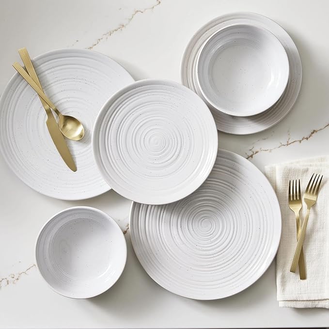 12 Piece Stoneware Dinnerware Set with Plates and Bowls Service for 4 Microwave Safe Dishwasher Safe Round Dishes Modern Classic Kitchen Tableware Stackable Design