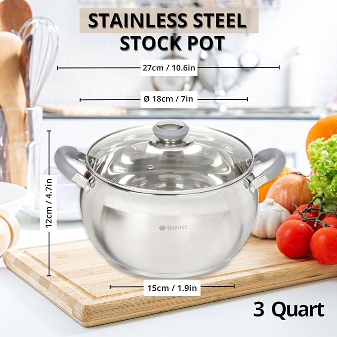 Daniks Modern 3 Quart Stainless Steel Stock Pot with Glass Lid Tri-Ply Bottom for Even Heating Induction Compatible Dishwasher Safe Heatproof Handles