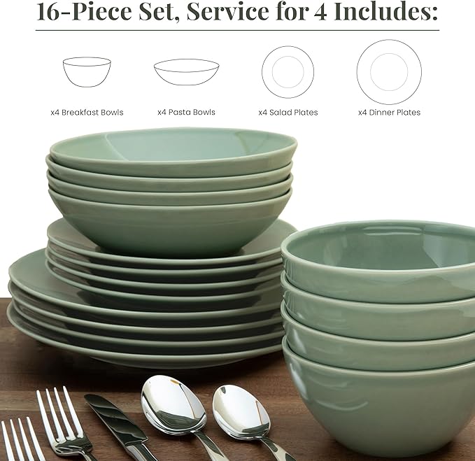 Larder &amp Vine Ceramic Stoneware Dinnerware 16-Piece Set 4 Place Settings (Sage)