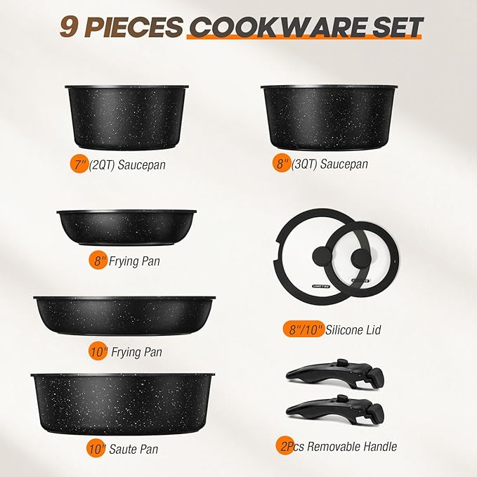 pots and Pans Set Nonstick Cookware Set Detachable Handle Induction Kitchen Cookware Sets with Removable Handle Non Stick RV Cookware Set Dishwasher ＆ Oven Safe (9 PCS)