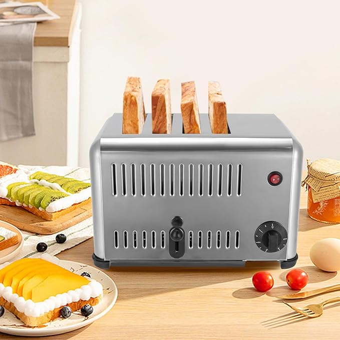 4 Slice Bread Toaster 1650W Commercial Bread Baking Machine Stainless Steel Commercial Toaster Oven 0-5 Minute Timer Function For Home Restaurant Bakery