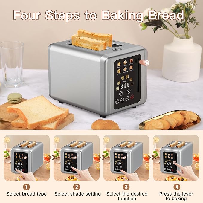 Touch screen Toaster 2 slice Cancel Defrost Functions Stainless Steel Digital Timer Toaster with Sound Function 6 Bread Types &amp 6 Shade Settings pink B