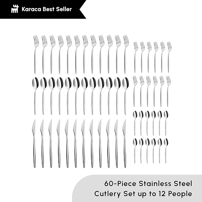 Karaca Lizbon - 18/10 Stainless Steel Silverware Set for 12 60 Piece Heavy Duty Flatware Set Dishwasher Safe Modern Cutlery incl. Kitchen Forks Spoons Knives Eating Utensils Sets - Platin