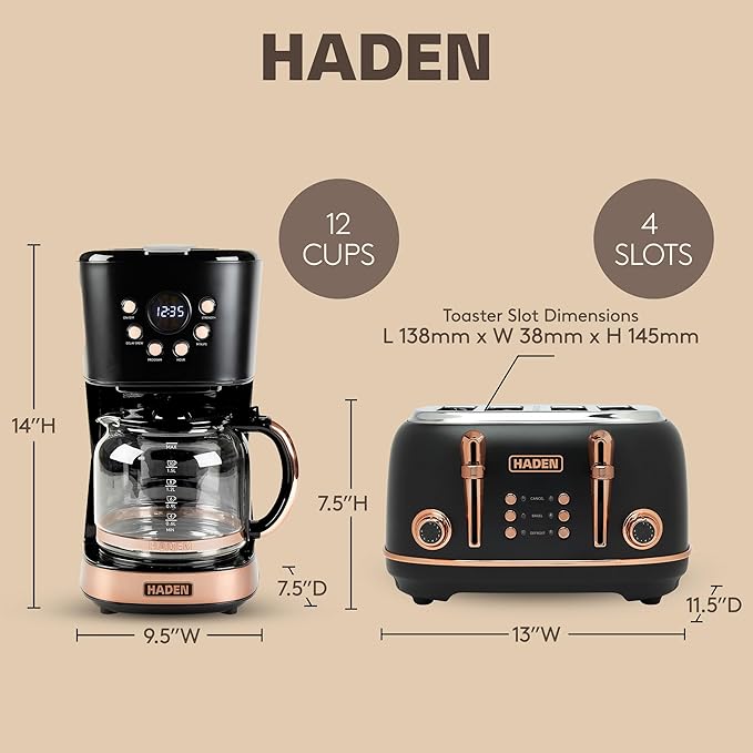 Haden Heritage 4 Slice Wide Slot Stainless Steel Toaster Bundled with 12 Cup Programmable Drip Coffee Maker Coffee Machine Black &amp Copper