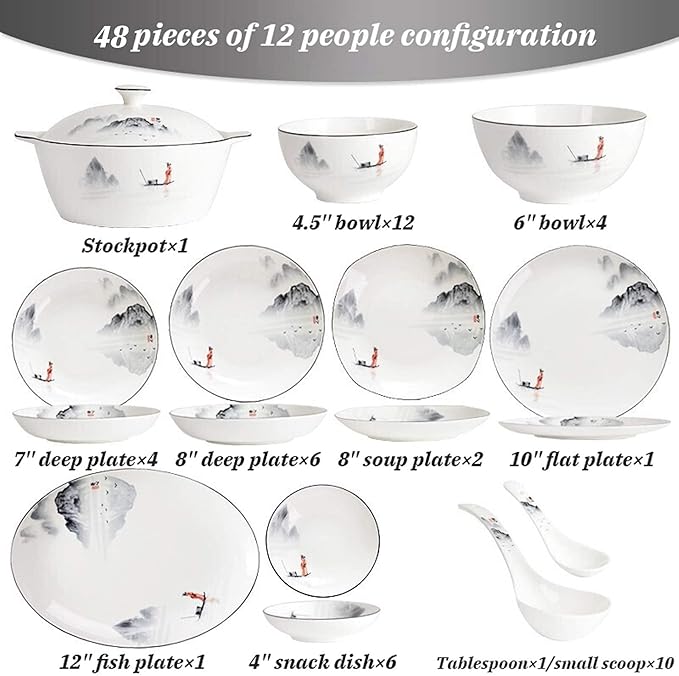 Ceramics Dinnerware Sets Porcelain Cereals Bowls/Steak Plates/Soup Pot | 50 Pieces Chinese Style Bone China Dinner Combination Set for Wedding Gifts