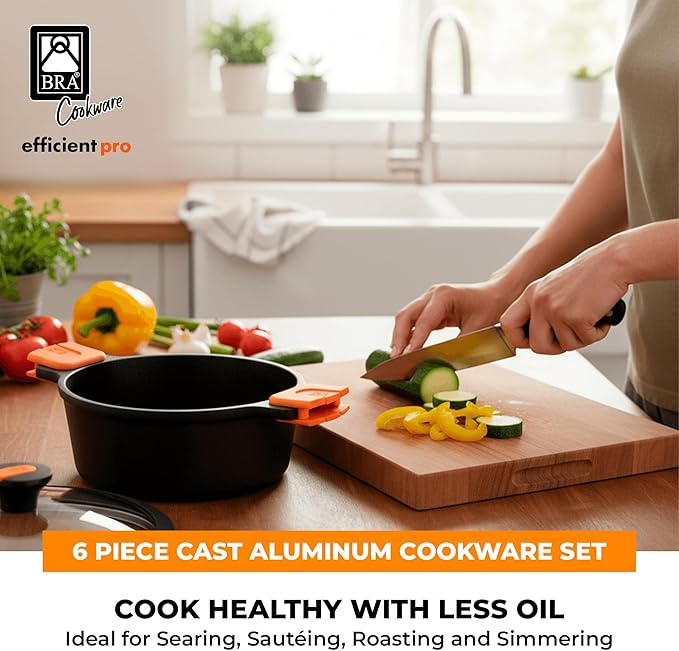 BRA COOKWARE Efficient Pro 6 Piece Cookware Set | Cast Aluminum Kitchenware Set | 1 Pots 2 Frying Pans 1 Saucepan 2 Lids | Non-Stick | All Stovetops Compatible | PFOA Free