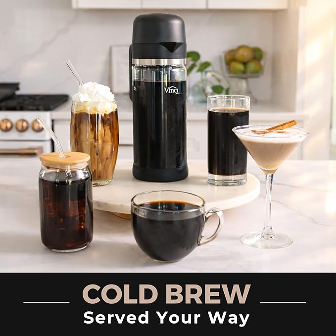 VINCI Express Cold Brew Electric Cold Brew Coffee Maker in 10 minutes 3 Brew Strength Settings &amp Cleaning Cycle Easy to Use &amp Clean Glass Carafe (2.0 Liters / 68 Fl.oz) Capacity