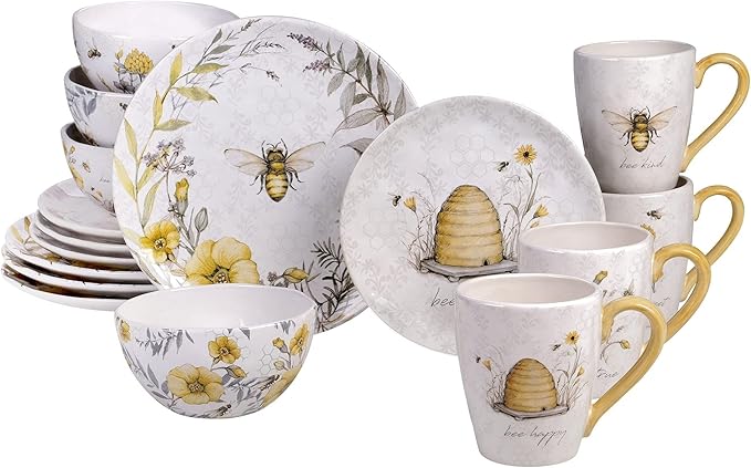Unknown1 Bee Sweet 16-Piece Dinnerware Set (Service for 4) Grey Multi Color Yellow Floral Farmhouse Modern Contemporary Round 16 Piece Dishwasher Safe Microwave