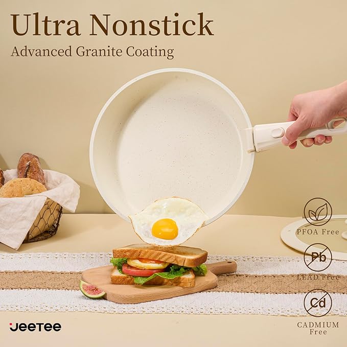 JEETEE Pots and Pans Set Non Stick 17pcs Kitchen Cookware Sets with Detachable Handle Induction Nonstick Cookware Set with Removable Handle Stackable RV Cookware Oven Safe PFAS/PFOA Free Beige