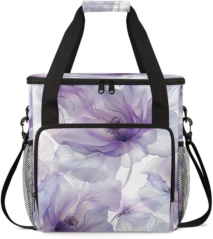 Purple Floral Travel Coffee Maker Carrying Bag Colorful Flower Large Organizer Storage Tote Bag Insulated Reusable Cooler Lunch Bags