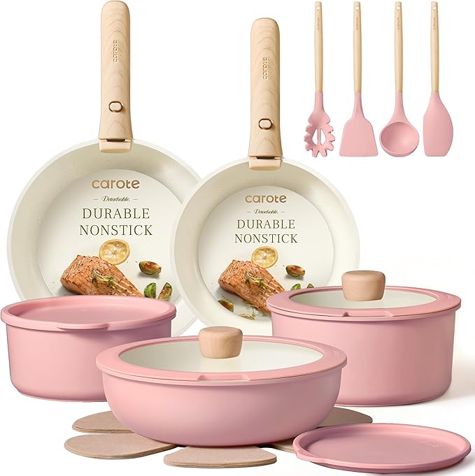 CAROTE Pots and Pans Set Nonstick Cookware Set Detachable Handle 19pcs Induction Kitchen Cookware Sets Non Stick with Removable Handle RV Cookware Set Oven Safe Pink