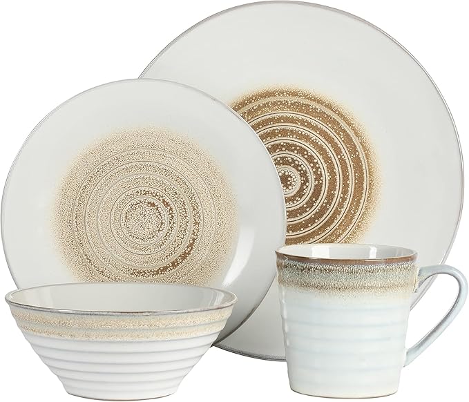 Spiral Embossed 16 Piece Stoneware Dinnerware Set – Rustic Reactive Glaze Plates Bowls &amp Mugs Microwave &amp Dishwasher Safe (Taupe)