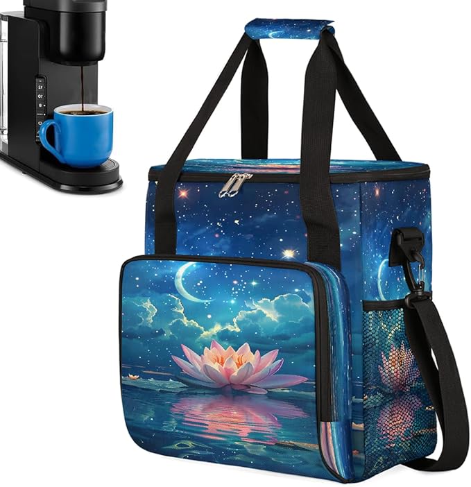 Moon Flower Stars Coffee Maker Carring Bag Travel Carrying Storage Tote Bag Compatible with Keurig K-Mini or K-Mini Plus Portable Single Serve Coffee Brewer Case with Pockets for K-cup Pods
