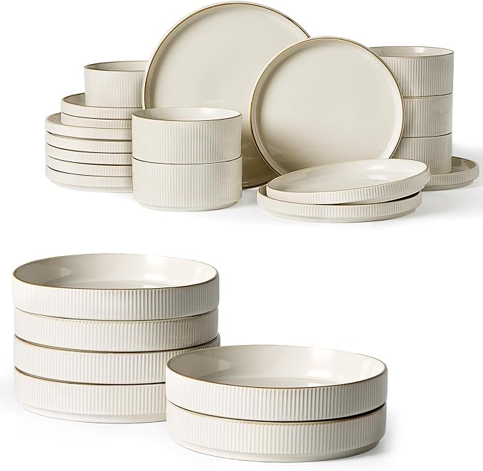 Famiware Star Dinnerware Set with Plates and Bowls Service for 6 (24-Piece) Stoneware Kitchen Dishes Dinner Sets - Vanilla White