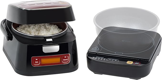 2-in-1 Rice Cooker and Induction Cooktop Burner 3-Cup (Uncooked) / 6-Cup (Cooked) and Warmer Portable and Compact IH Cooktop with Calorie Counter and Timer 7 Cooking Modes