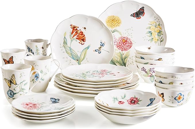 Lenox Dinnerware Set Butterfly Meadow 28-Piece Set Service For 4 Porcelain Plates With Scalloped Edges Plates And Bowls Sets Microwave Safe Dishwasher Safe Home &amp Kitchen (28 Piece Assorte