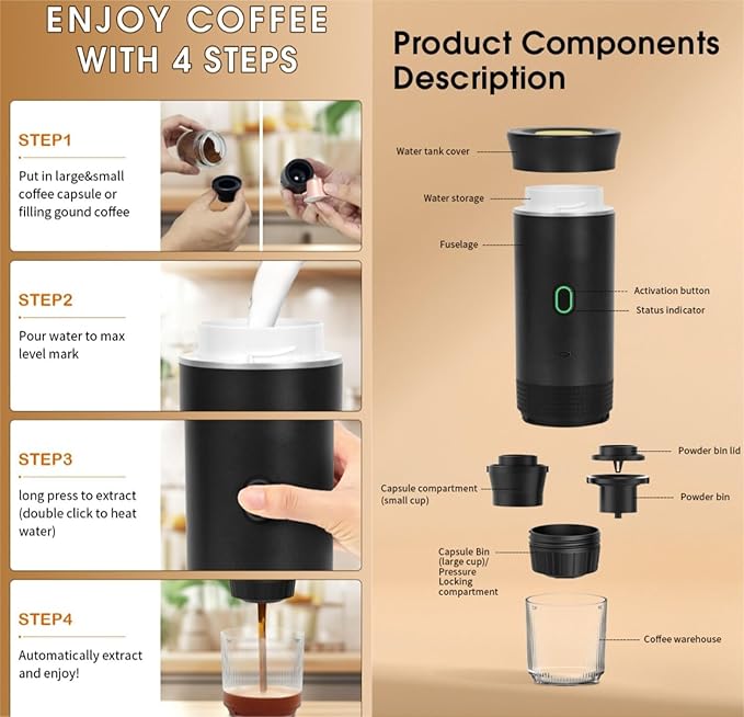 Portable Espresso Machine Wireless Electric 3-in-1 Coffee Maker with Self-Heating 20Bar Compatible with Large/Small Capsules &amp Ground Coffee Ideal for Camping Office Travel (Silver)