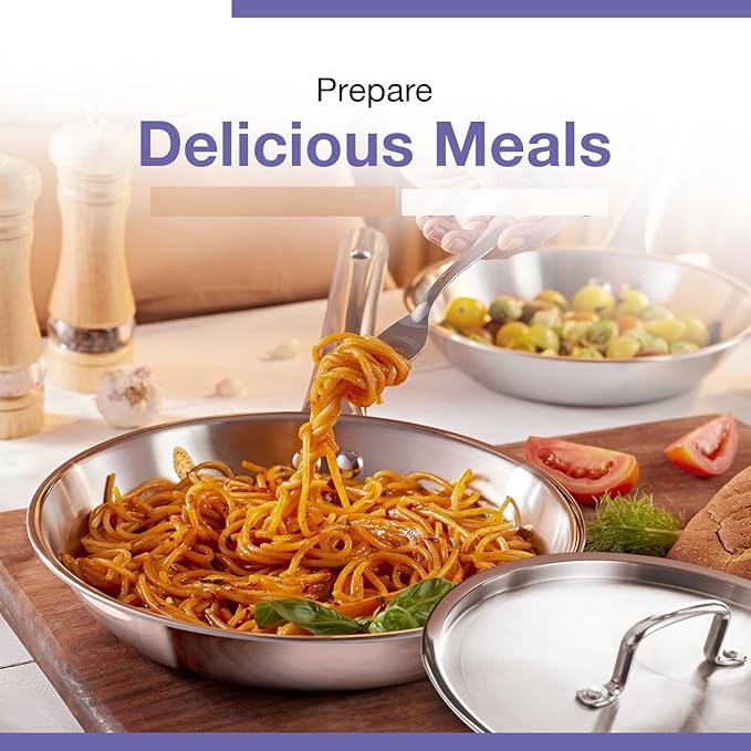 Stainless Steel Cookware Set 4 Pieces 22cm Kadai with Lid 22cm Frypan 10cm Tadka Pan Induction and Gas Stove Compatible