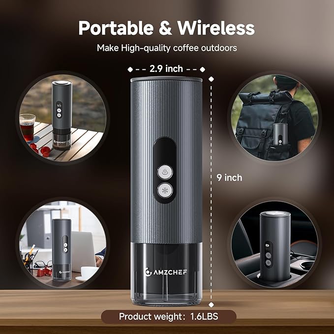 AMZCHEF Portable Coffee Maker Rechargeable w/ 9000mAh Battery 2-in-1 Travel Espresso Maker for Ground/NS Capsules Car Espresso Machine Self-Heating for Camping RV Hiking Office Aluminum