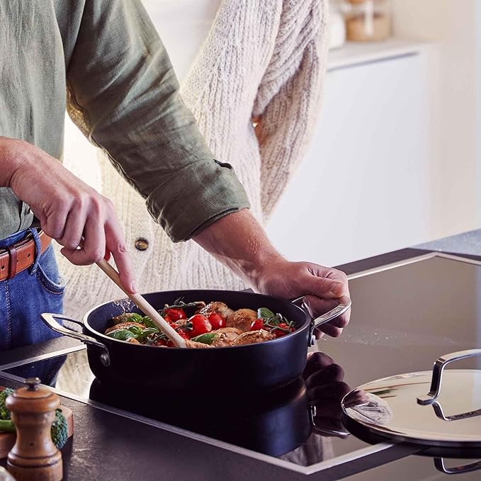 Alva Maestro 3.5-Qt Nonstick Ceramic Sauté Pan with Lid – Black | No PTFE PFOA or PFAS | Induction &amp Oven Safe | Even-Heating Easy-Clean Everyday Pan for Searing &amp One-Pan Meals