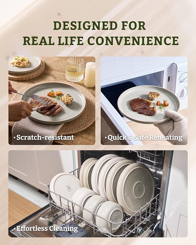 Famiware Meteor Plates and Bowls Sets 24-Piece Stoneware Dinnerware Sets Dishes Set for 8 Microwave and Dishwasher Safe Tableware Matcha Green