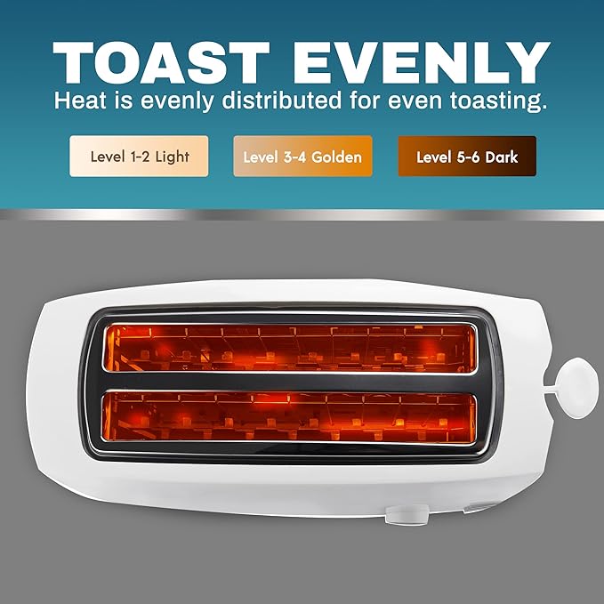 Elite Gourmet ECT-4829 Long Slot 4 Slice Toaster 6 Toast Settings Toaster Defrost Reheat Cancel Functions Slide Out Crumb Tray Extra Wide Slots for Bagels Waffles White