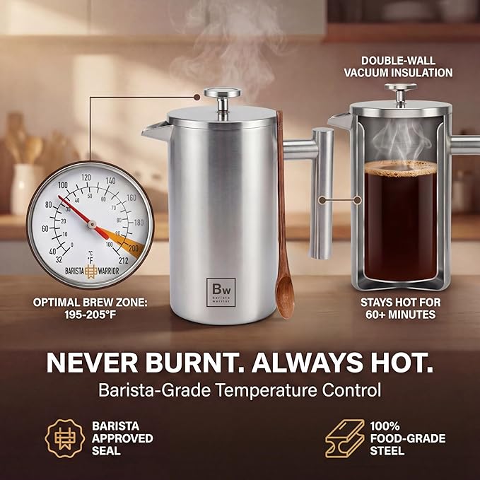 Barista Warrior French Press Coffee Maker Stainless Steel with Built-In Thermometer - Insulated Double Wall Design Dual Filter System Stay-Cool Handle &amp Wood Spoon - Silver