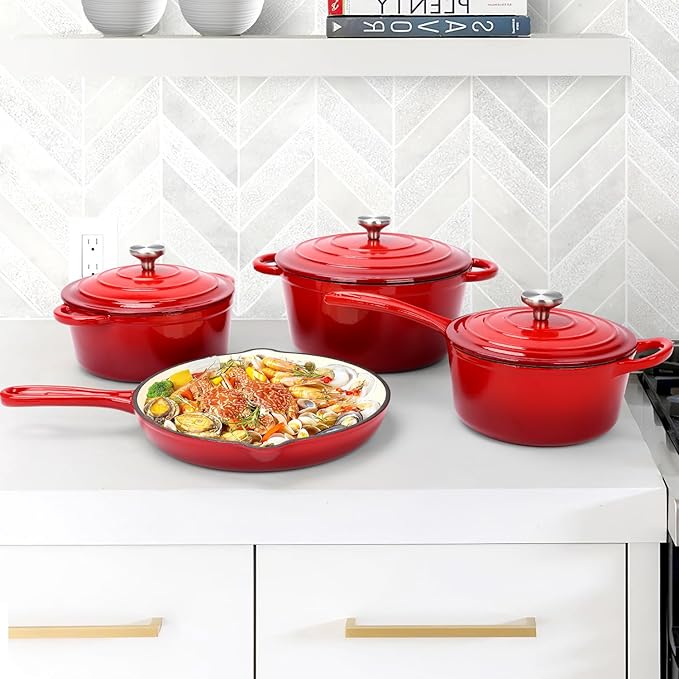 QuliMetal Nonstick Enameled Cast Iron Cookware Set 7-Pcs Pots and Pans with Lid Frying Pan Skillet Sauce Pan Healthy Round Dutch Oven Pot for Sourdough Bread Baking on All Stovetop Rouge Red