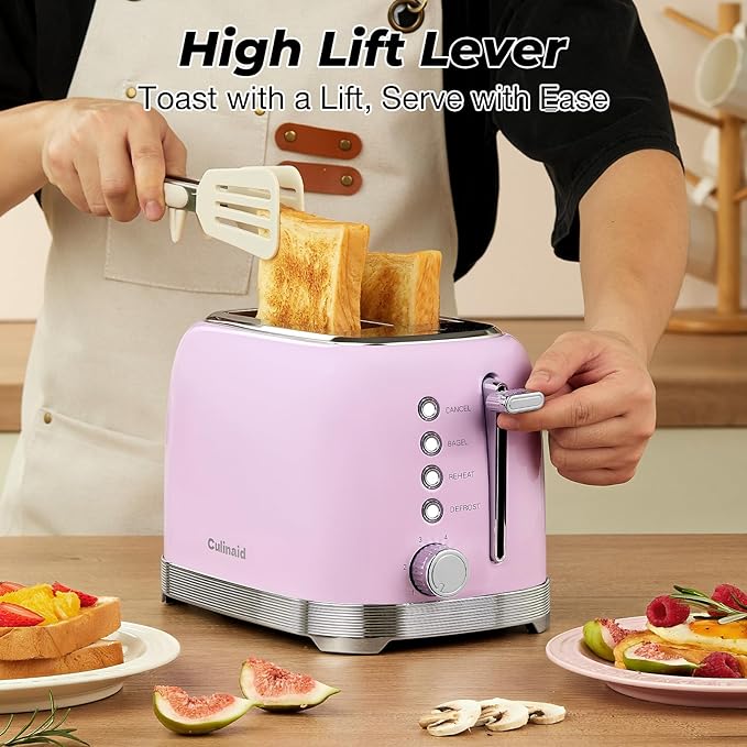 Toaster 2 Slice Retro Stainless Steel with 1.5” Extra Wide Slots Bagel Defrost Reheat Cancel Functions 6 Bread Shade Settings Removable Crumb Tray Pastel Pink