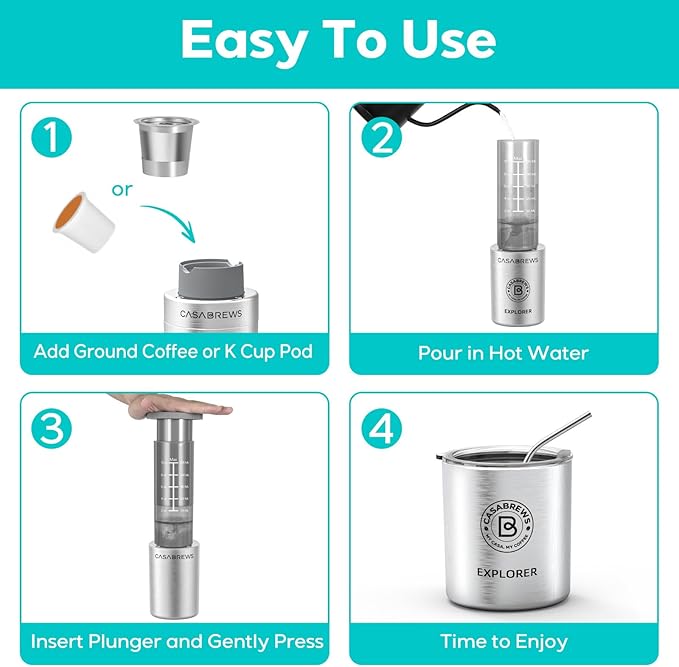 CASABREWS KP3000 Portable Coffee Maker 2 in 1 Small Travel Coffee Machine for K Cup Pod or Ground Coffee Quick Coffee Press Kit with Stainless Steel Cup Cup Lid Straw and Storage Bag
