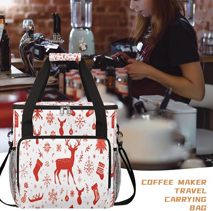 Christmas (739) Coffee Maker Carring Bag Travel Carrying Storage Tote Bag Compatible with Keurig K-Mini or K-Mini Plus Portable Single Serve Coffee Brewer Case with Pockets for K-cup Pods
