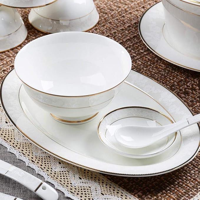 52 Pieces Ceramics Penh Plates Bowls Combination Bone China Embossed Pattern Dinnerware Set for Banquet